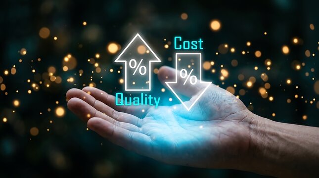 Business hand gesture displaying glowing holographic arrows for quality increase and cost decrease to represent optimal corporate financial and operational performance
