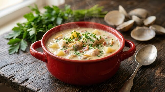 Fresh quahog clam chowder in a red ceramic bowl on a wooden table