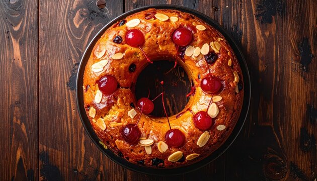 Whole Traditional Fruitcake Topped with Glazed Cherries and Toasted Almonds Overhead