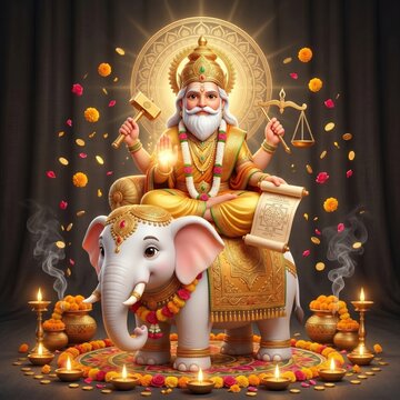 vishwakarma  Divine deity with white elephant holding hammer scales scroll surrounded by flowers coins and candles in golden light 3d cartoon