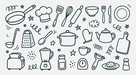 Hand drawn cooking doodle set with kitchen utensils equipment and chef icons in vector outline style © Arshad