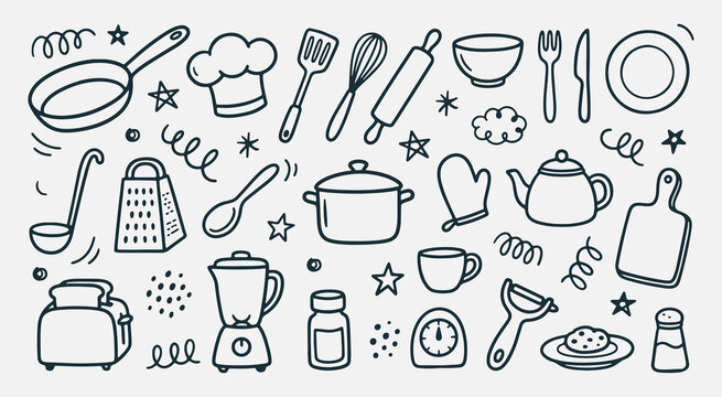 Hand drawn cooking doodle set with kitchen utensils equipment and chef icons in vector outline style