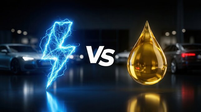 Electric vs Fuel symbolic face-off featuring a lightning bolt and golden oil drop.