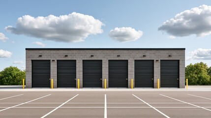 Fototapeta premium Row of self-storage units with black roll-up doors and parking lot
