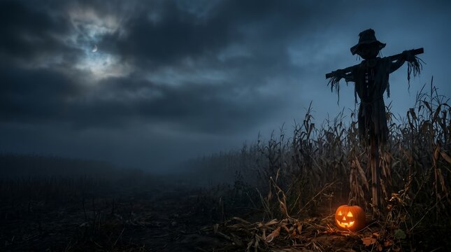 Eerie scarecrow standing in a dark cornfield under a full moon with a glowing carved pumpkin providing a classic halloween copy space background mood, scarecrow