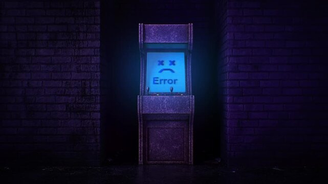 Retro Arcade with Error Screen in Dark Alley. Atmospheric retro-futuristic scene blending gaming nostalgia, technology failure, and cyberpunk aesthetics. 3D Render Seamless Loop Animation