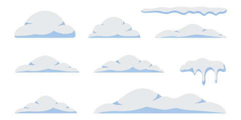 Fototapeta premium Collection of flat vector snow caps for winter design and holiday decoration isolated on white background