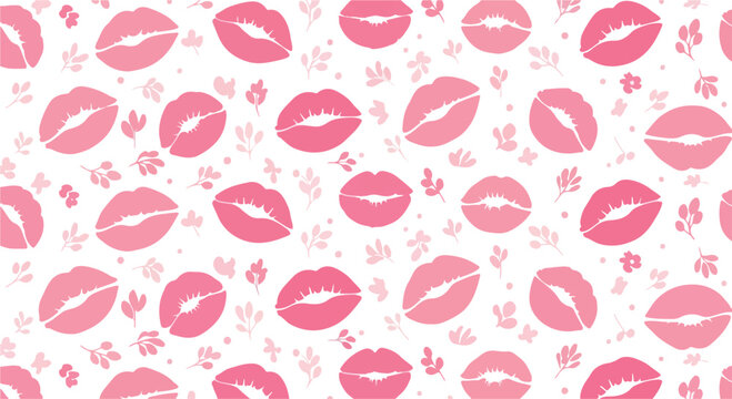 Vibrant pink lips and flowers pattern on white background, feminine makeup design