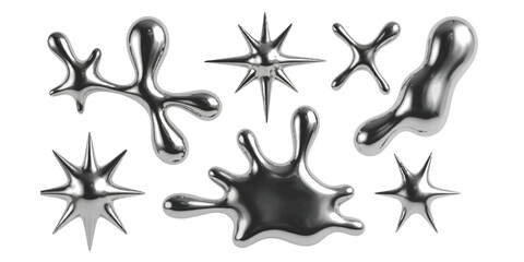 Set of abstract liquid chrome shapes and metallic star elements for modern graphic design projects isolated on white background ©  Designer