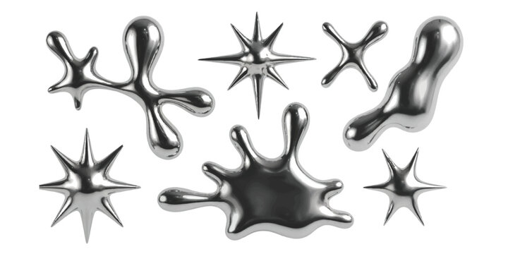 Set of abstract liquid chrome shapes and metallic star elements for modern graphic design projects isolated on white background