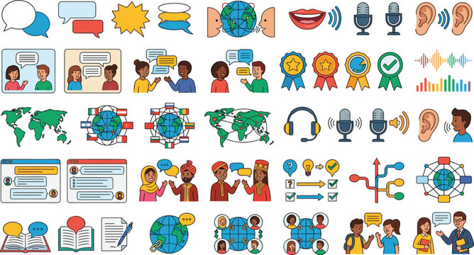 Hand drawn language learning translation icons speech bubbles global communication microphones headphones people talking world map vector set
