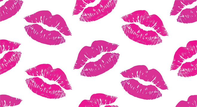Vibrant pink lips pattern on white background, kiss marks, makeup concept