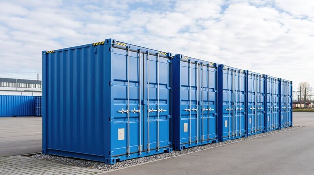 A row of bright blue shipping containers lined up outdoors on a cloudy day