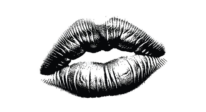 Detailed illustration of full lips with deep wrinkles and creases on a white background