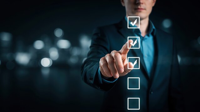 Businessman touching a digital menu icon on a futuristic interactive touch screen
