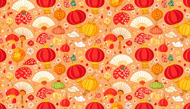 festive chinese new year seamless pattern with red lanterns, white fans, and confetti on orange background, celebration