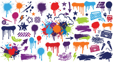 Colorful graffiti street art elements spray paint drips ink splatters boombox radio microphones stars brush strokes vector set © Sukhi
