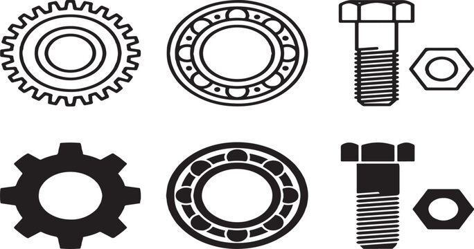 Black and white gear bolt nut bearing icons