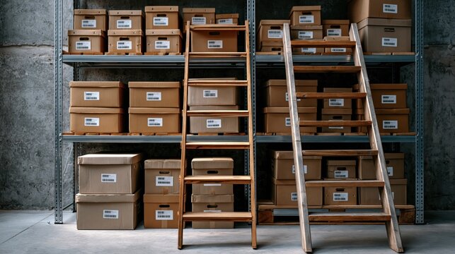 Organized warehouse shelves filled with cardboard boxes and wooden ladders for inventory