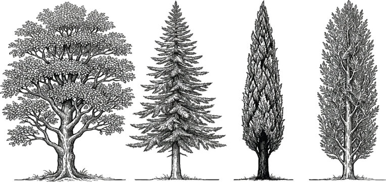 Four different tree types in black and white