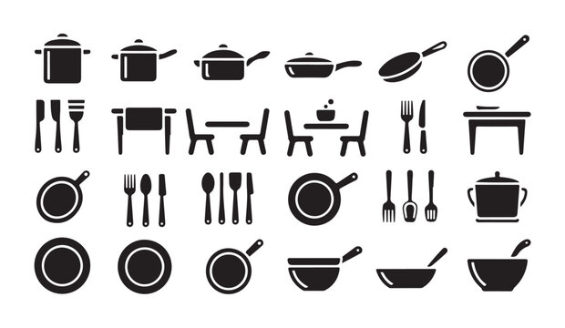 Collection of kitchenware and dining equipment icons featuring pans pots and cutlery items.