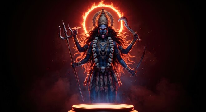 Fierce multi-armed Hindu goddess Kali depicted with blue skin skulls and surrounded by a fiery halo and dark smoky atmosphere