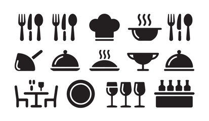 Vector icons of kitchen cutlery plates restaurant serving domes and wine glasses set here. © VANU