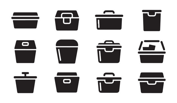 Black vector icons of kitchen food storage containers for lunch boxes and meal prep items.