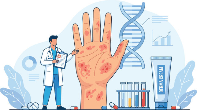 Dermatology and skin disease treatment concept with doctor diagnosing hand rash vector illustration