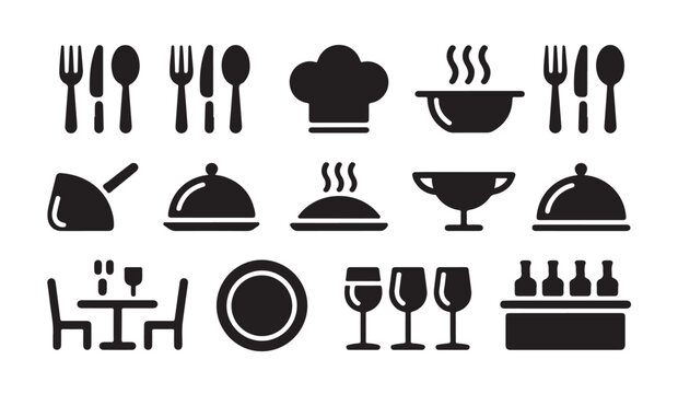 Vector icons of kitchen cutlery plates restaurant serving domes and wine glasses set here.
