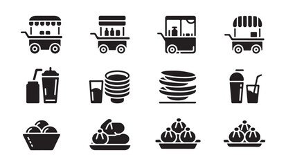 Set of food cart and street meal solid icons for restaurant service business concepts. © VANU