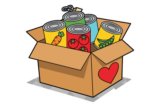 Food donation box canned goods community support local charity event social help volunteer assistance vector illustration
