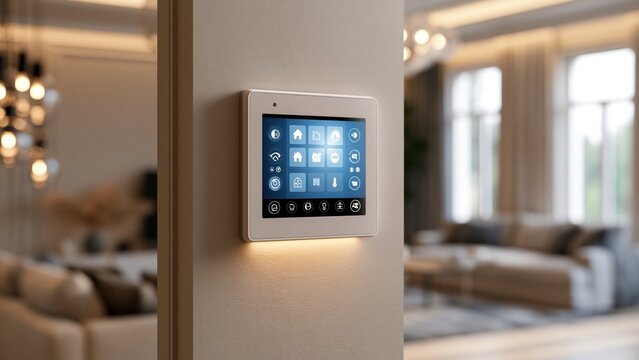 Home security control panel on wall in modern smart living room