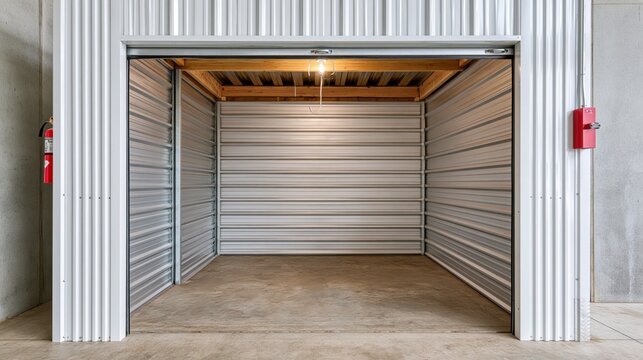Empty self-storage unit with corrugated metal walls and open roll-up door