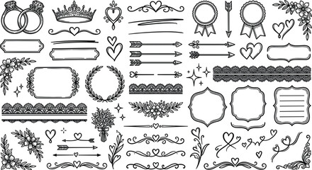 Hand drawn wedding invitation ornaments floral frames text dividers lace ribbons diamond rings laurels doodle sketch vector set © Sukhi