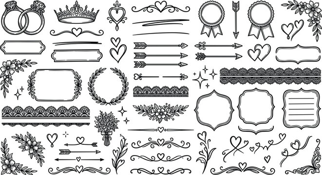 Hand drawn wedding invitation ornaments floral frames text dividers lace ribbons diamond rings laurels doodle sketch vector set