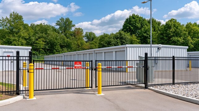 Secure storage facility entrance with automated gate and bollards on a sunny day