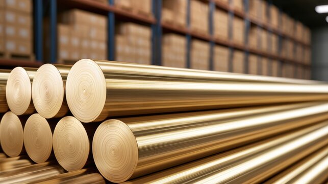 Pile of brass rods in a warehouse