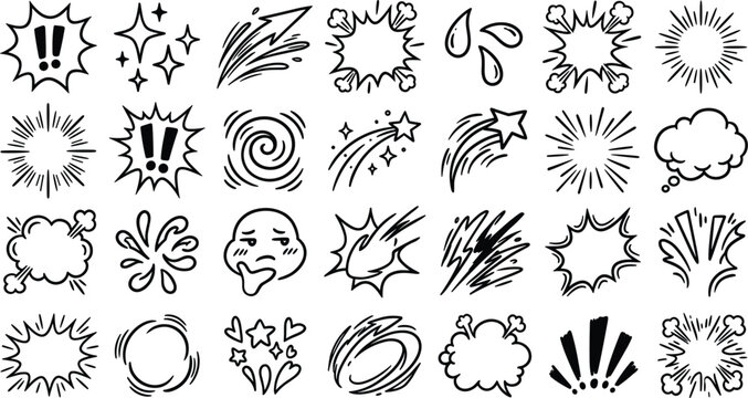 Hand drawn comic explosion elements speed motion lines sparks stars thought bubbles blast effect doodle sketch vector set