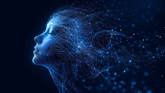 Elegant human silhouette dissolving into intelligent data particles, symbolic connection between humanity and artificial intelligence