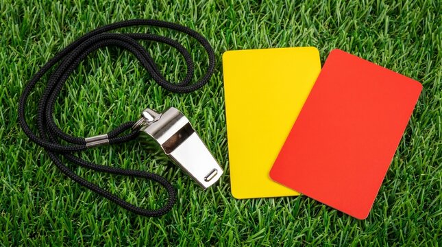Referee whistle with yellow and red cards on grass