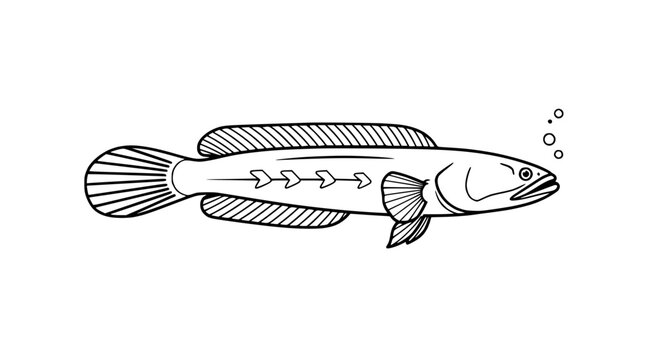 Illustration of a Snakehead Fish with Bubbles, Black and White Drawing