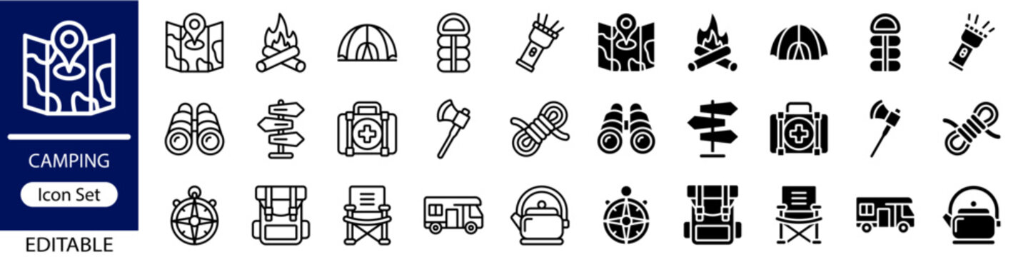 Camping Icon Set - Outline and Flat Vector Icons Style - Vector Pack