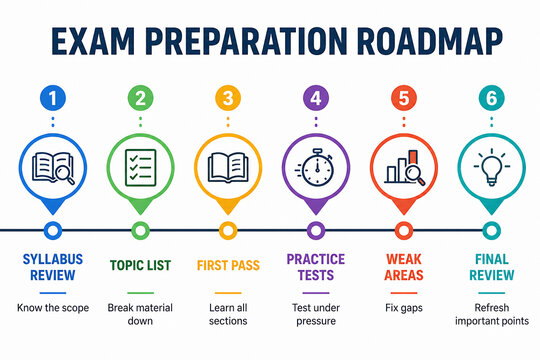 An infographic displays a six-step exam preparation roadmap detailing stages from syllabus review to final review.