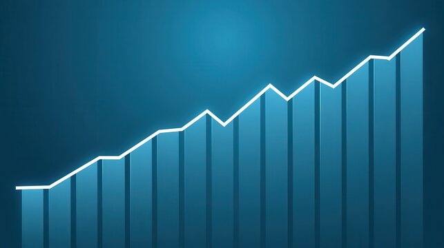 Business growth chart with blue bars and a rising white line on a gradient blue background