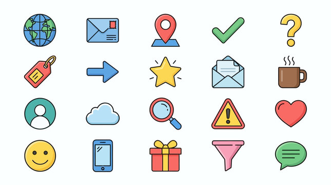 Collection of 20 colorful flat design icons for web and mobile applications