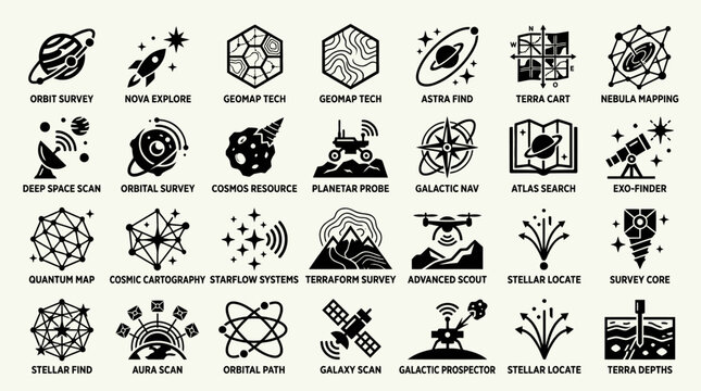 Black and white space icons set.