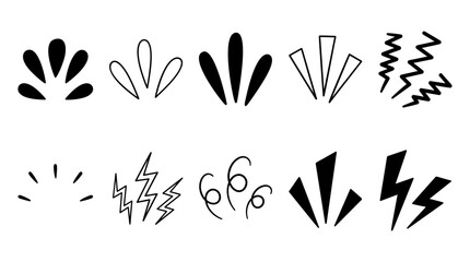 High-quality black vector comic book expression elements with bursts, lightning bolts, spirals, and emphasis lines. Minimalist cartoon style for manga graphics, pop art, and illustration design. © MIANS VECTOR HOSUE