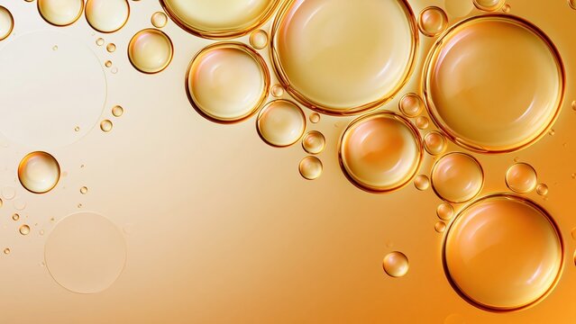 Close-up of golden bubbles and oil droplets on warm background