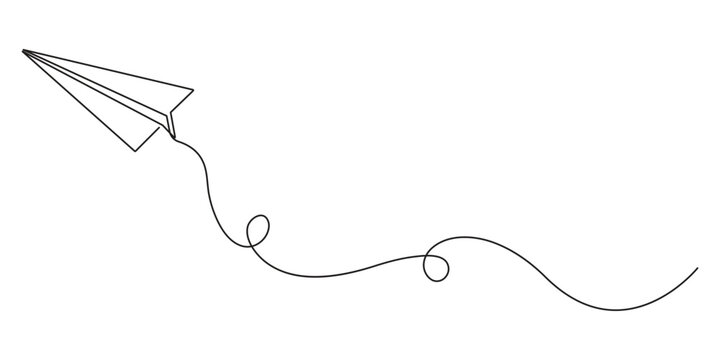 Minimalist continuous one line art illustration of a paper plane. Single line drawing paper plane vector illustration Paper plane flying up. Continuous one line drawing for business, travel or journey
